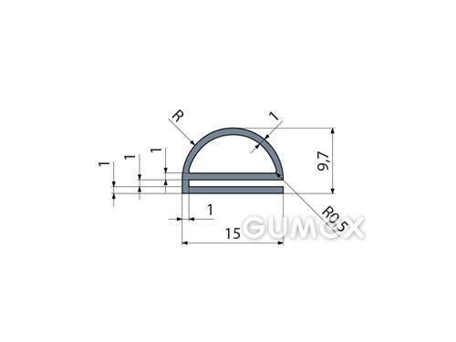 Silikónový profil tvaru "e" s dutinkou, 15x9,7/1mm, 45°ShA, -60°C/+180°C, šedý (RAL 7001)